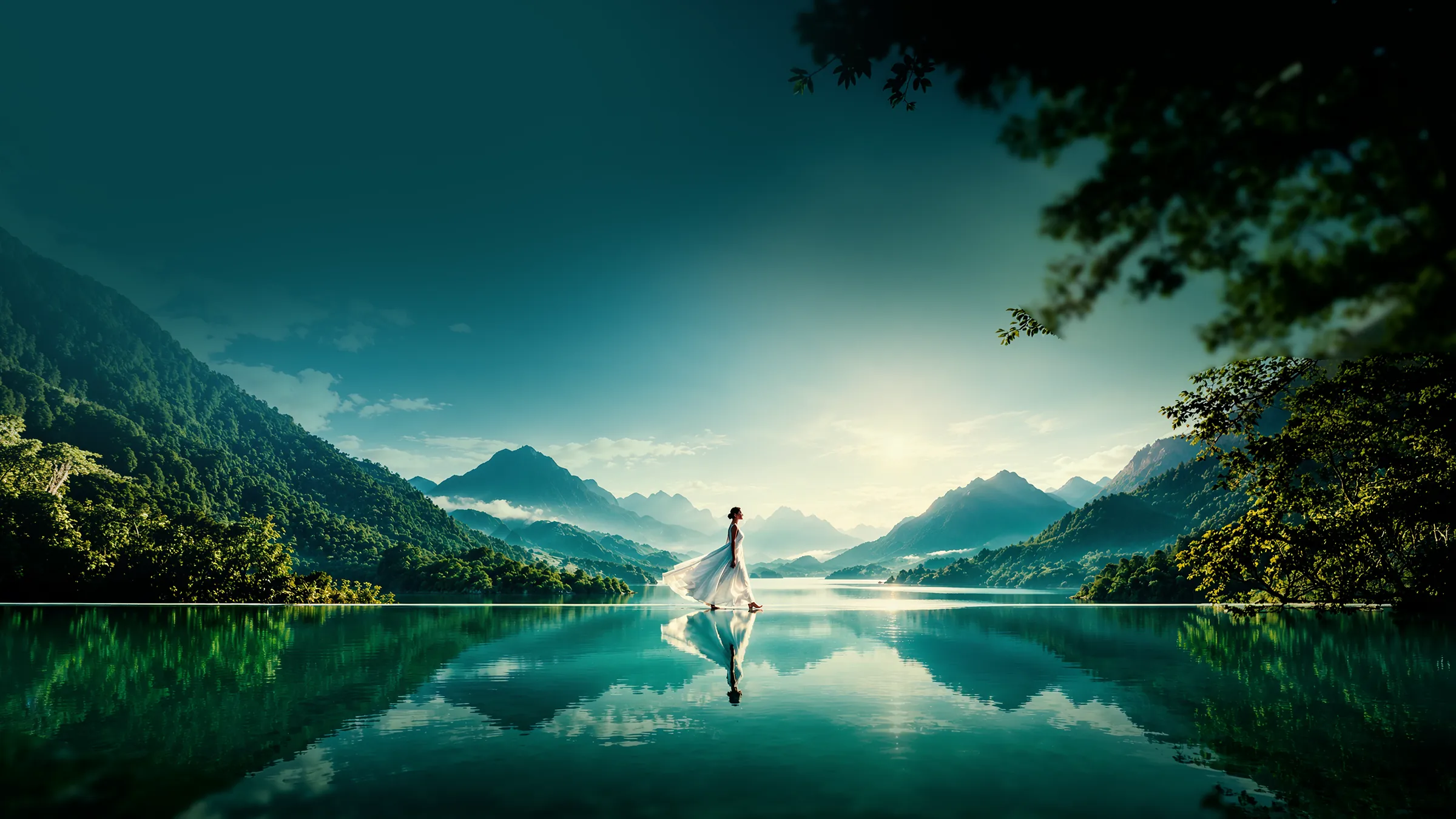 A woman in a white gown walking across a still lake, with misty Sahyadri mountains behind her